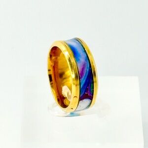 Vibrant Gold Ring with Blue Swirl size 7 #024